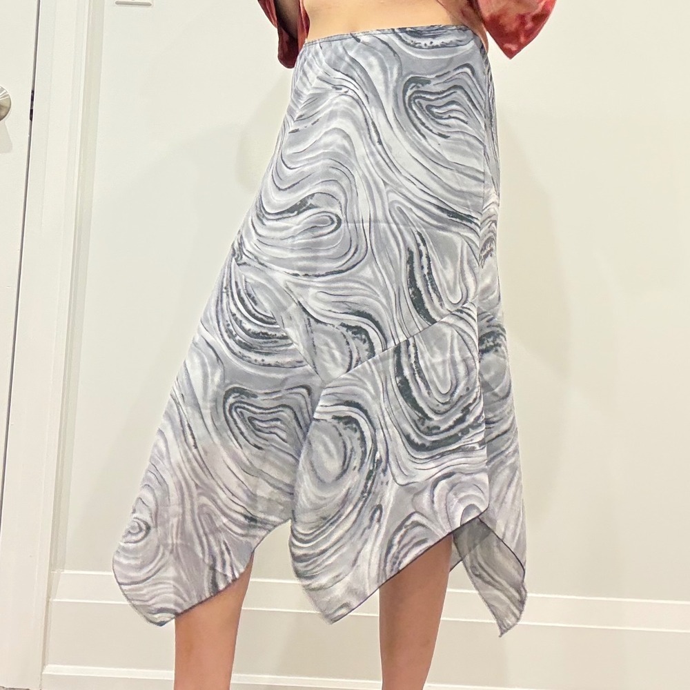 Y2K‎ Grey Marble Swirl Print Handkerchief Hem Midi Skirt